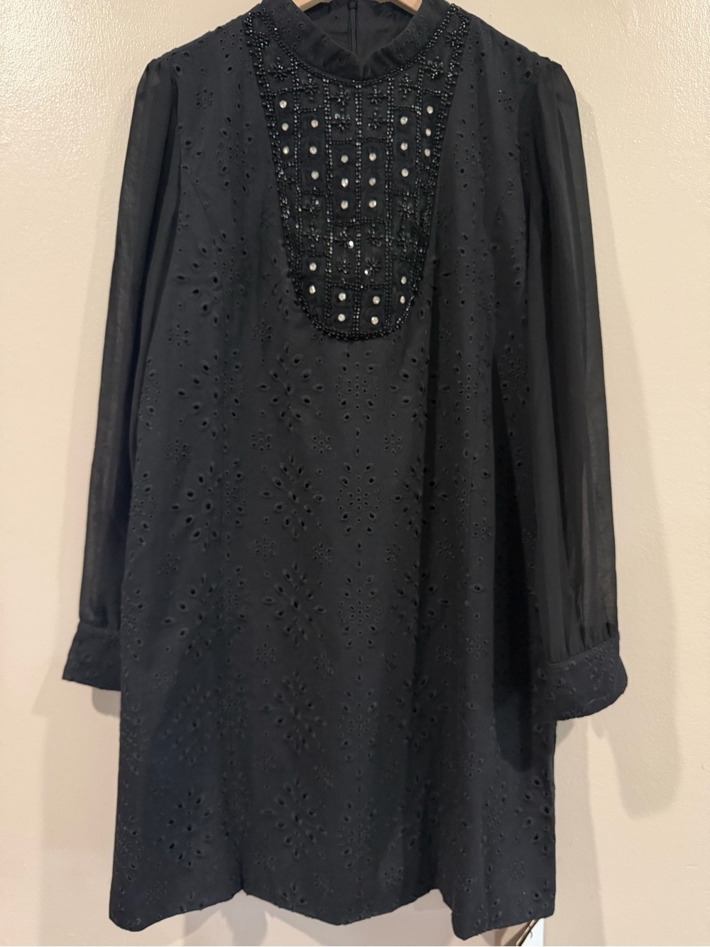 NEW with Tags Black Eyelet Embroidered Beaded Long Sleeve Shift Dress - Picture 3 of 16
